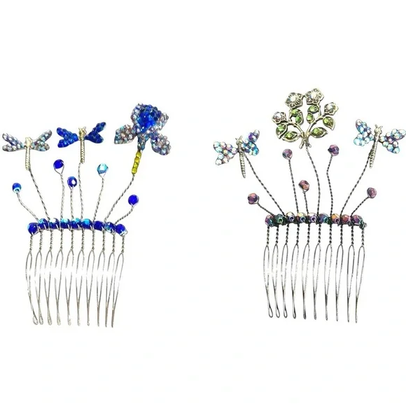 Vintage Butterfly Floral Rhinestone Wired Hair Combs Set of 2