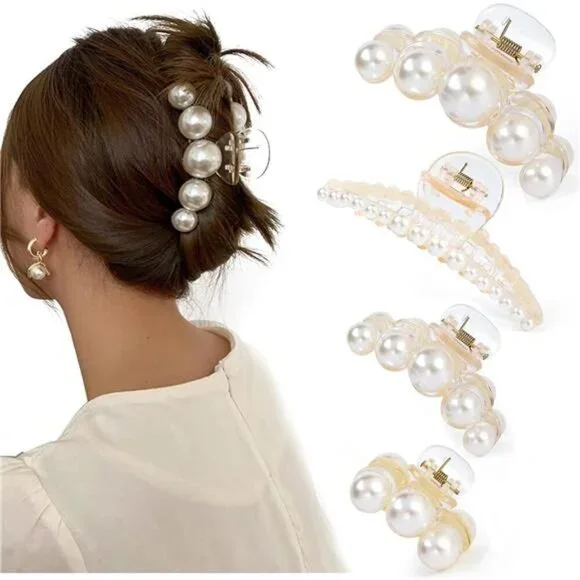 4 PCS Large Pearl Hair Claw Clips for Women Girls, Hair Barrette Clamps, Classic