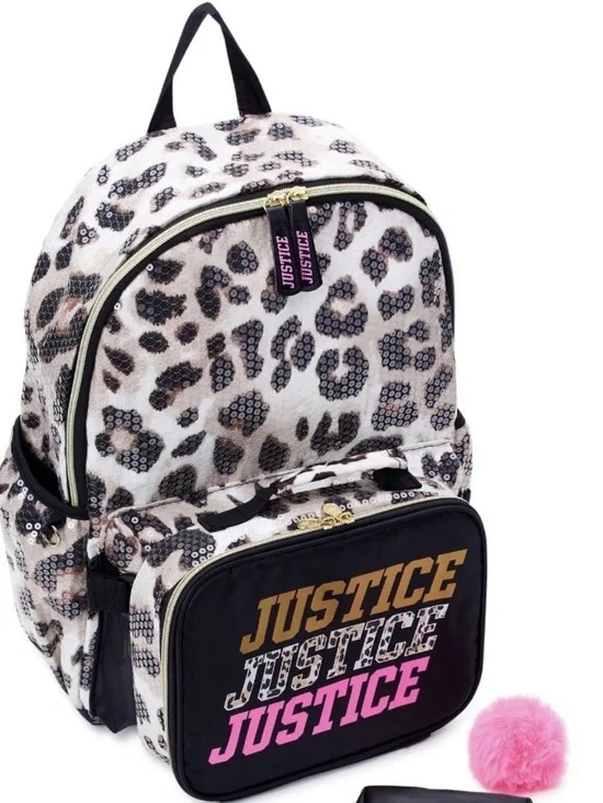 Justice Sequin Leopard Black Backpack with Hot Pink & Leopard Print Accents