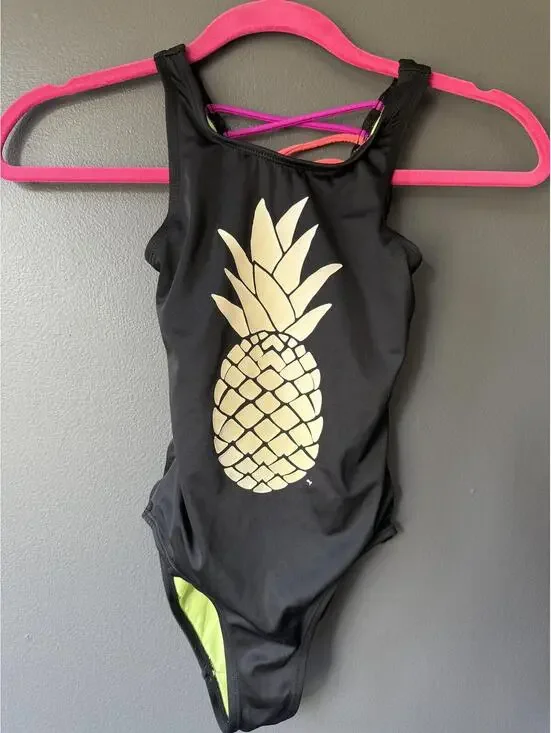 Justice Girls Black Pineapple One-Piece Swimsuit Size 7