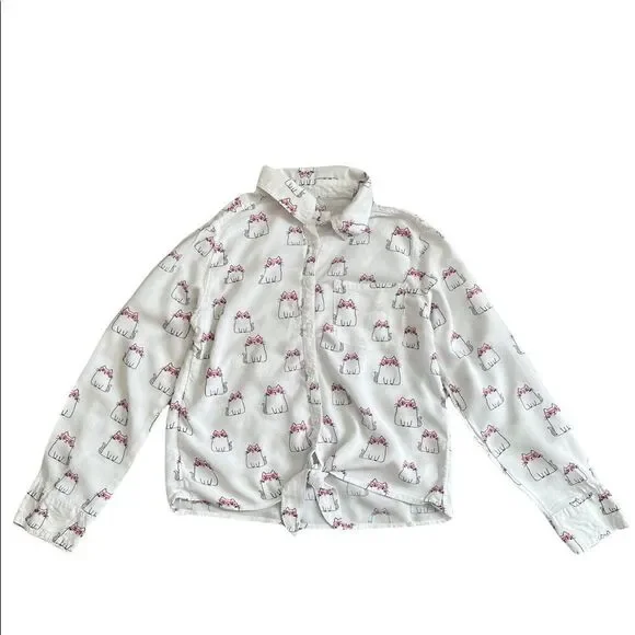 Justice Girl’s White Kitty Cat Long Sleeve Shirt Kid’s Youth Size 10