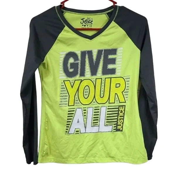 Justice Girls 12 Neon GIVE YOUR ALL Sporty Raglan Athletic Jersey Glitter Shirt