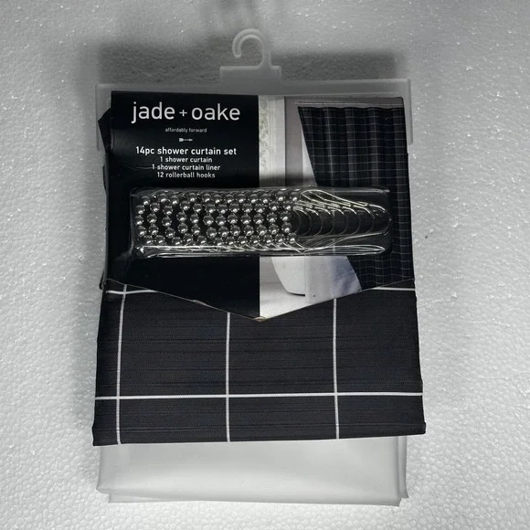 Jade Oake 14pc Modern Chic Grid Shower Curtain Set Gray White Bathroom Decor New