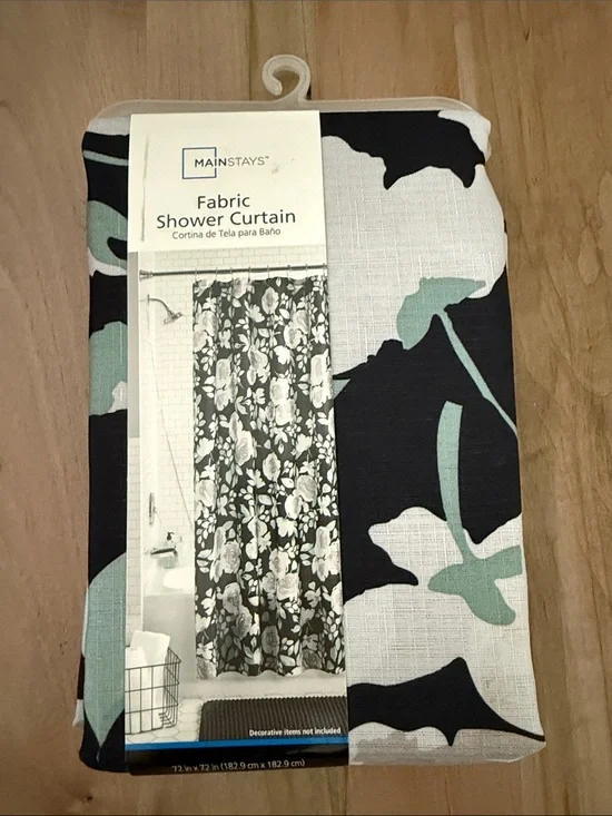 Mainstays Black and Mint Floral Fabric Shower Curtain