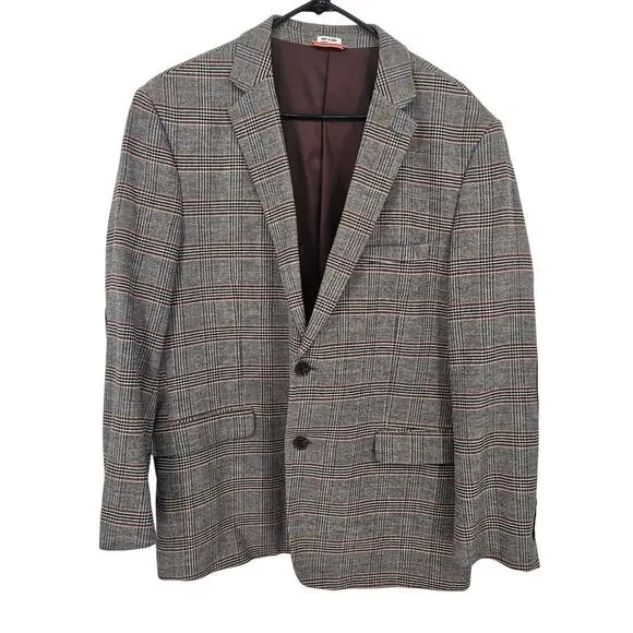 Crown & Ivy Brown Blue Plaid Cotton Two Button Elbow Patch Blazer Jacket Men 46R