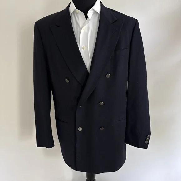 Pierre Cardin Navy Blue Bronze Horse Double Breasted Wool Blazer Jacket 42XL