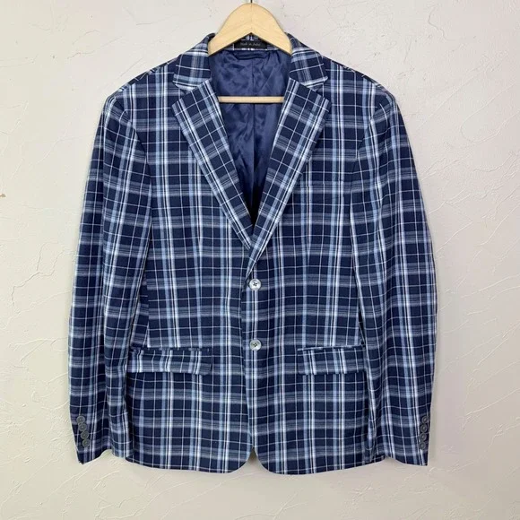 Lauren Ralph Lauren Cotton Blazer Mens 38S Blue Windowpane Plaid Sport Coat
