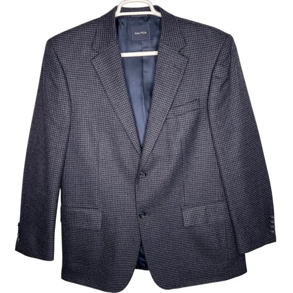 Nautica Blue Grey Houndstooth Lambswool Two Button Blazer Sport Coat Size 42 R