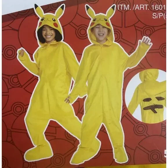 Pokémon Pikachu Costume Kids5-6 Hooded Jumpsuit & Tail ShoeCover Disguise Unisex