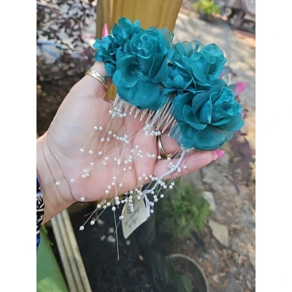 Vintage Hair Comb Teal Flowers Pearls‎ Spray Headpiece Formal Wedding Y2K
