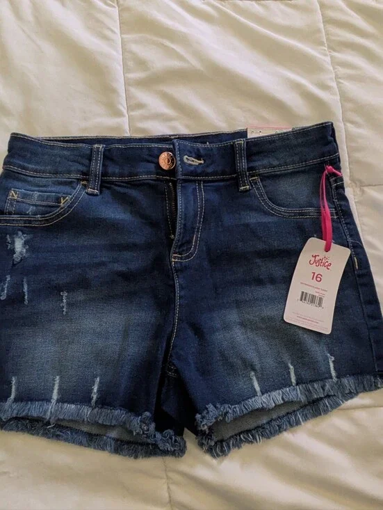 Justice Dark Blue Frayed Hem Denim Shorts with Pink Tag Size 16