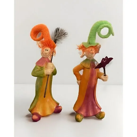 K's Collection Halloween Witches set of Two Figurines Bat‎ Broom Fancy