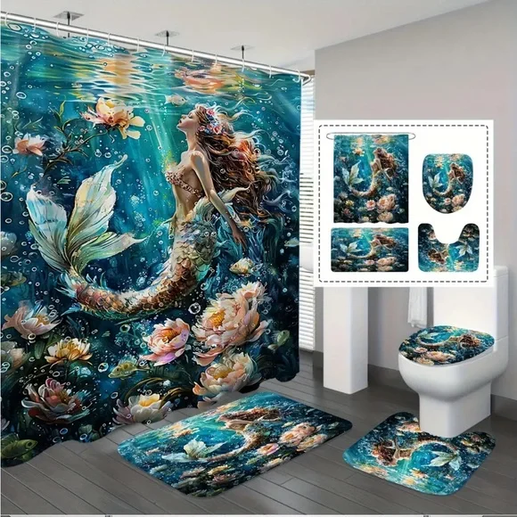 Mermaid Magic Enchanting Underwater 4-pc Shower Curtain Bathroom Set