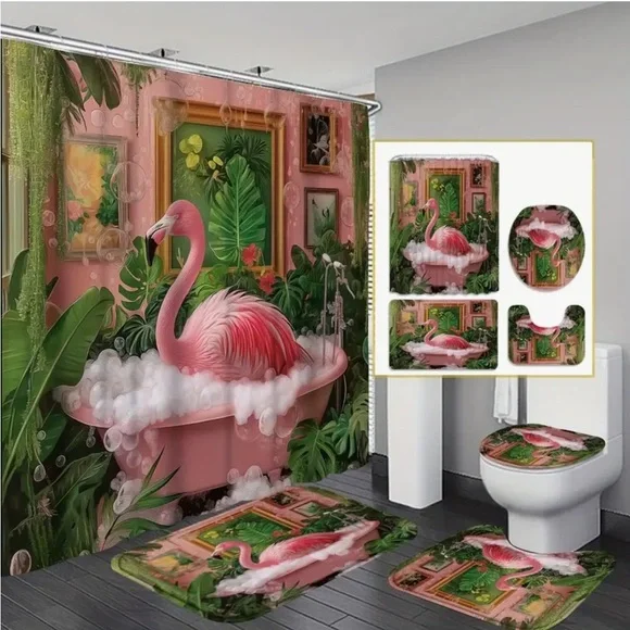 Flamingo 4-pc Shower Curtain Bathroom Set - Pink and Green - Bonus Hooks