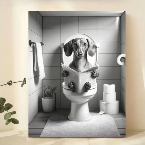 Dachshund Reading Newspaper Sitting on Toilet Funny Canvas Art Print (8” x 10”)