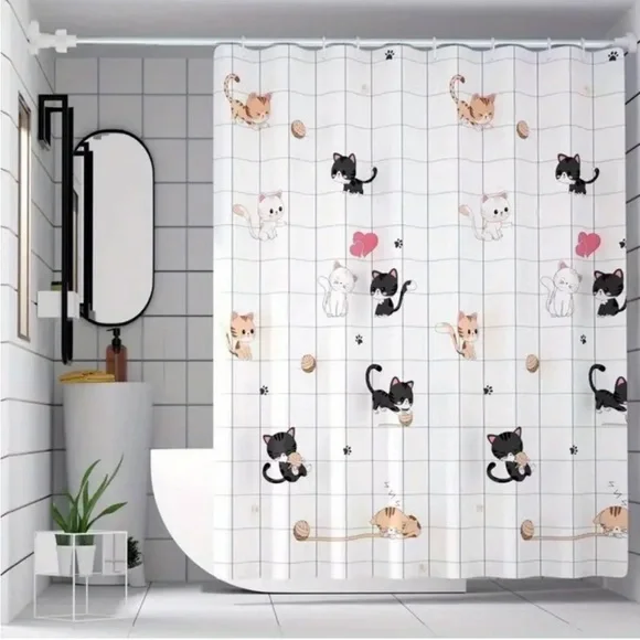 Cartoon Kitty Cat Squares Shower Curtain (71” x 71”) Plus Bonus Hooks