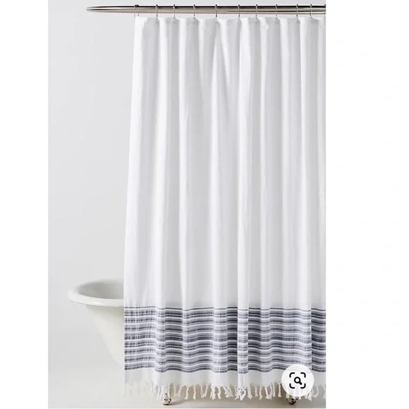 Anthropologie Tasseled Raya Shower Curtain -Blue Stripes