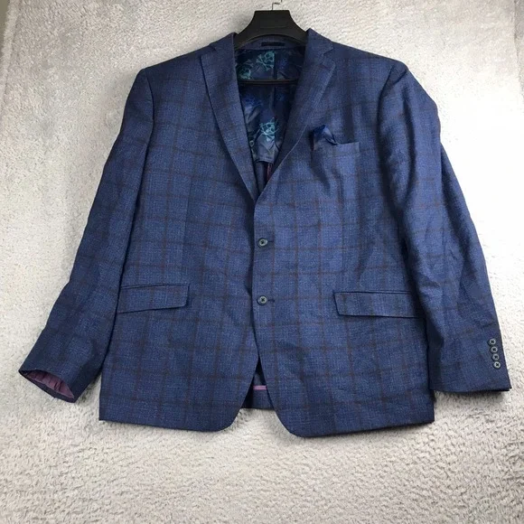 Psycho Bunny Worsted Wool Windowpane Sport Coat Mens 54L Navy Blazer