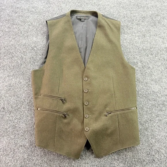 John Varvatos USA Wool Blend Vest Zipper Pockets Cinch Back 40 Olive Green Mens