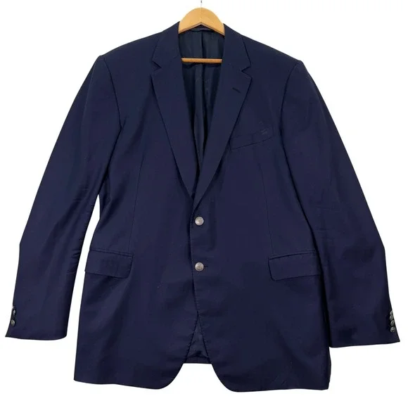 Oxxford Clothes Mens 42XL Tall Navy Blue Wool Blazer Crest Button Sport Coat