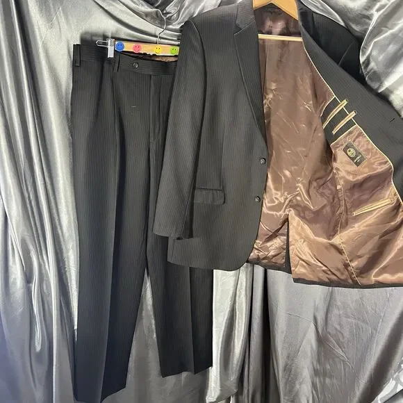 Caravelli 2-Pc Men's Suit Black Pin Superior 150s Blazer 44R Pants‎ 38x44 FLAWS