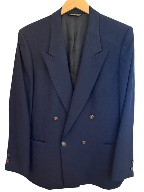 Vintage Pierre Cardin 44S Navy Blue Wool Blazer Double Breasted Gold Buttons USA