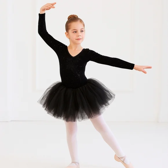 Cicci Girls Black Glitter Ballerina Costume 2-Pc Dance Leotard Tutu Skirt Sz 5-6