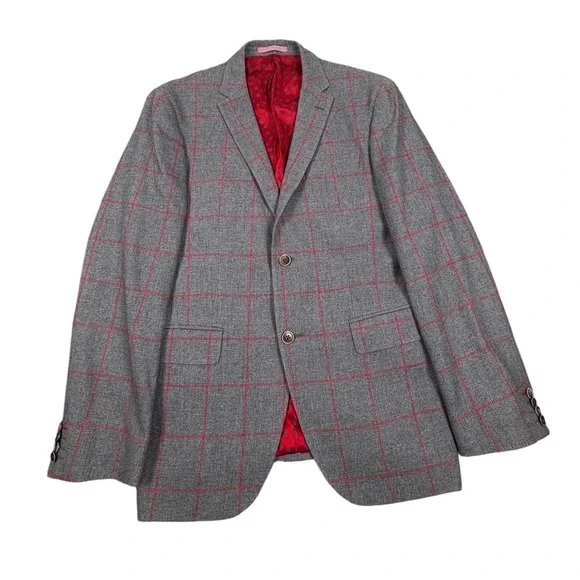 Sand Blazer Mens EU50 US 38R Gray Red Plaid Wool Blend Two Button Blazer