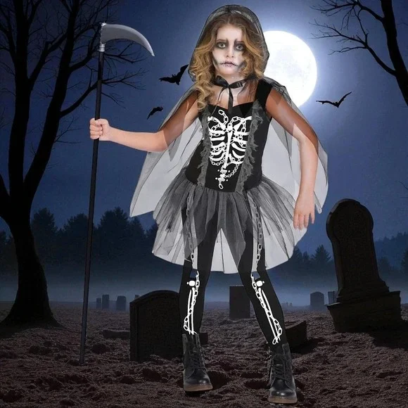 Girls Grim Reaper Skeleton Halloween Costume Size medium 8-10 Dress & Cape