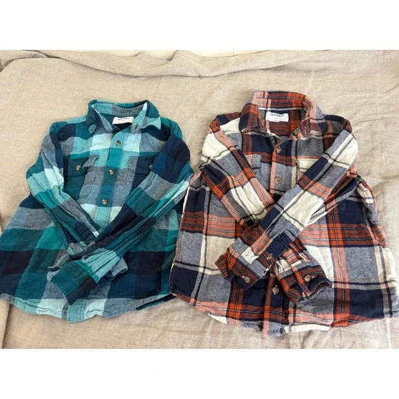 Old Navy Boys Plaid Flannel Shirt Bundle 2pk Teal‎ Navy Orange Size M 8