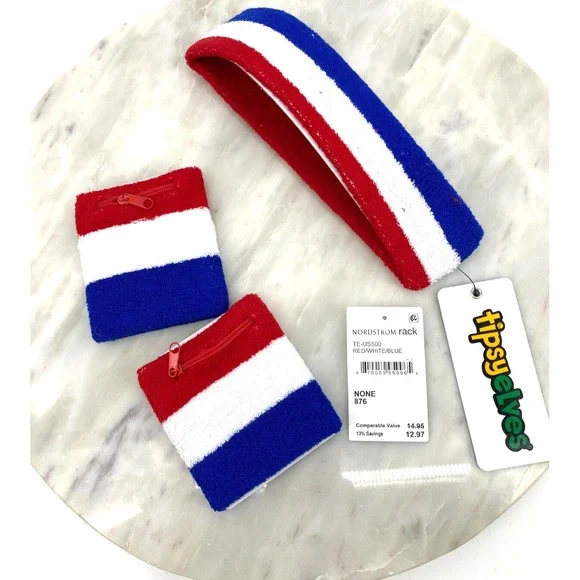Tipsy Elves Red White Blue Patriotic Zippered Sweatband Headband Set‎ One Size
