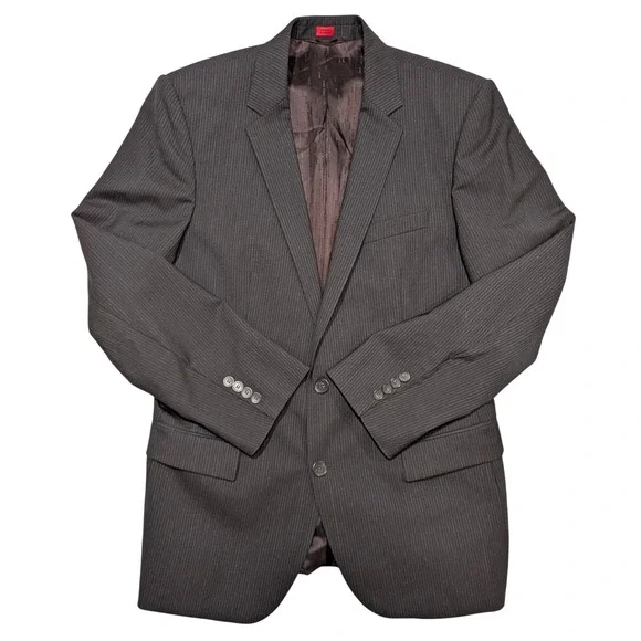 Hugo Boss Amaro Helse Blazer 42R Dark Brown Pinstripe 2 Button 100% Wool Jacket