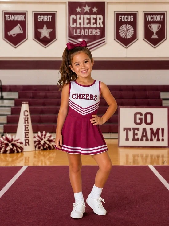 Sz 7/8 Girls Cheerleader Dress Costume Pink White Skater Style Cheer Uniform