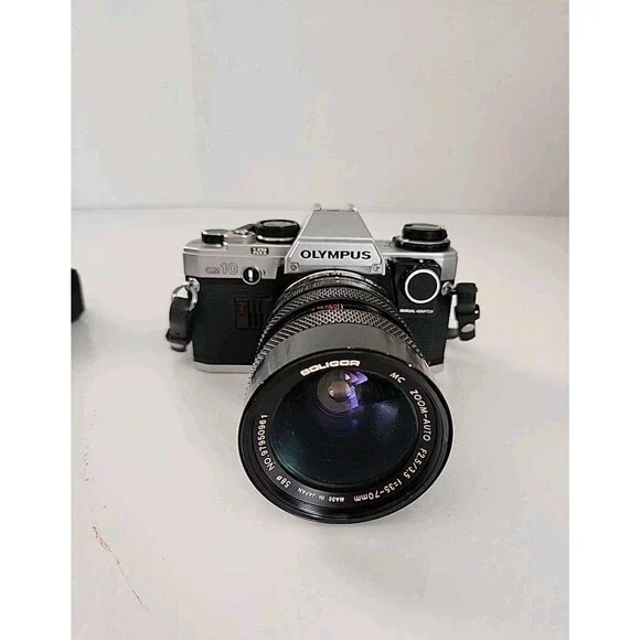 Vintage Olympus OM-10 35mm film Camera Soligor 70mm F2.5/3.5 Lens And winder
