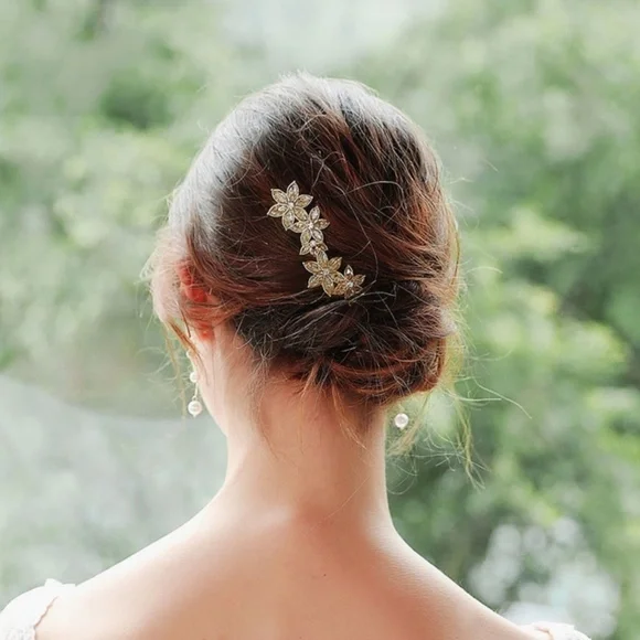 *PRISCILLA* 2-Pc Gold Rhinestone Flower Hair Clip