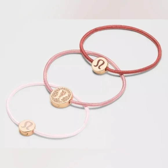 Lululemon Logo Hair Ties 3 Pack Blissful Pink/Red, Clay/Rockwood, Gold, New