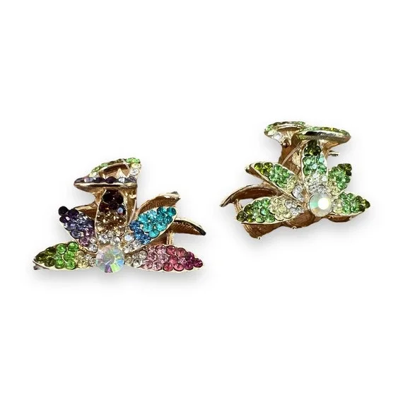 Set of 2 Gold Metal Flower Hair Claw Jaw Clips with Ombré Jewels Rhinestones NOS