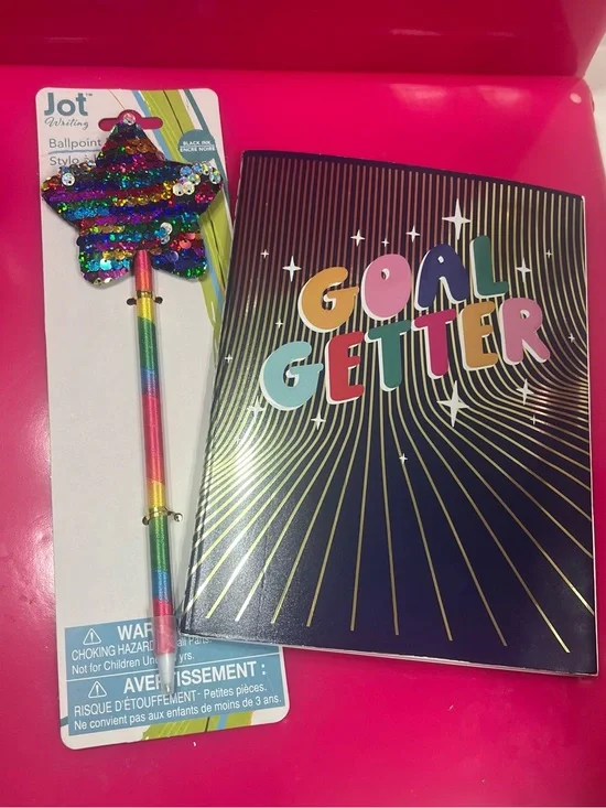 Rainbow Sequin Star Pen and Black 'Goal Getter' Notebook