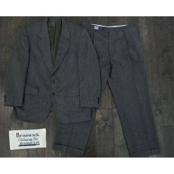 Braewick Mens Grey Two Piece Suit Two Button Jacket Size 42R Pants 100% Wool