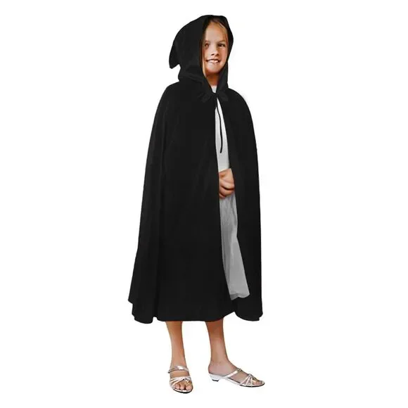 Kids Black Velvet Hooded Cape (Black) Cloak Robe