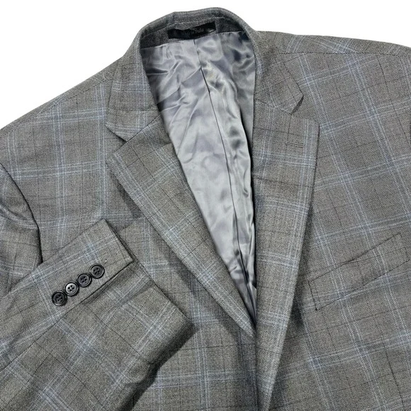Lauren Ralph Lauren Silk Wool Two-Button Blazer Mens 46R Grey Plaid Glen Check