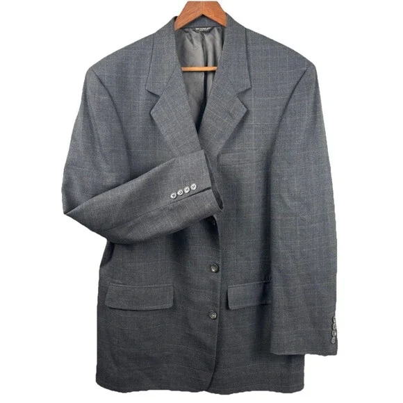VINTAGE Bill Blass Mens 42L Blazer Jacket 100% Wool Glen Plaid Gray Made in USA