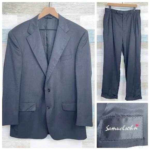Samuelsohn Wool Greenwich Suit Charcoal Gray Mens 43 Jacket 33x30 Pleated Pants