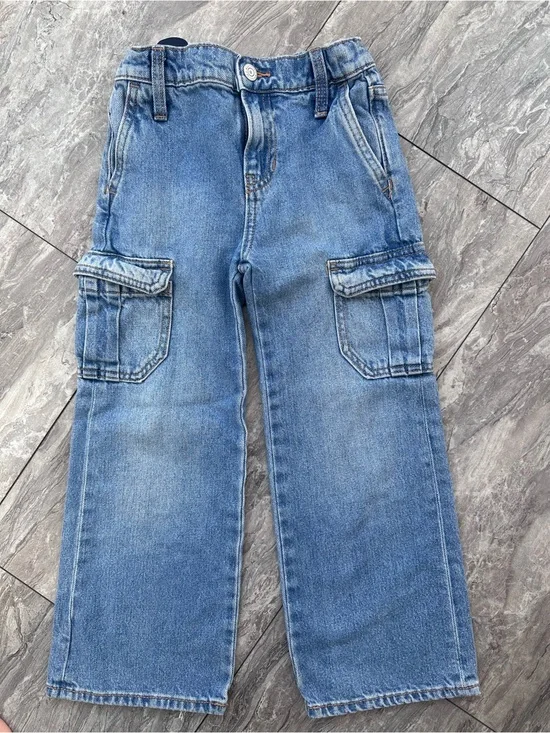 Old Navy Girls Size 6 High Rise Baggy Wide Leg Cargo Jeans Light Wash Denim