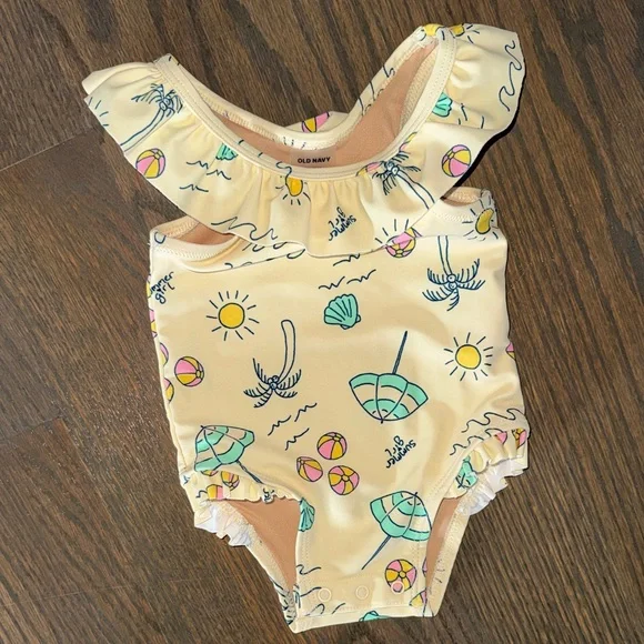 Old Navy Beach Scene Printed Ruffle-Trim One-Piece Swimsuit | 0-3Months