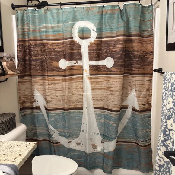 Nautical shower curtain large anchor on rustic board background water resistant