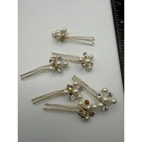 Set of 5 Gold Tone Faux Pearl Rhinestone Bridal Hair Pins Wedding Accessories