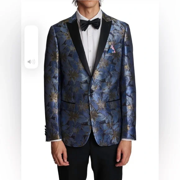 Paisley & Gray Grosvenor Peak Tux Jacket Slim Fit Silver Flower Size Various