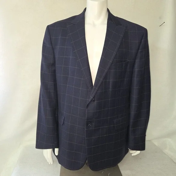 Paul Fredrick Blazer Mens 50R Navy Blue Windowpane‎ Wool Classic Fit Jacket