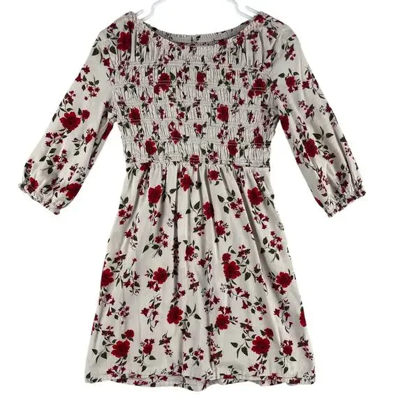 Old Navy Girls Smocked Floral Fit & Flare Dress XL 14-16 Cream Red Long Sleeve